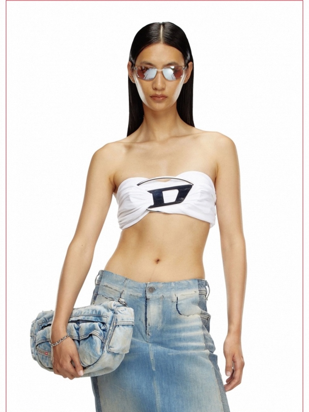 Diesel White Strapless Logo Bandeau with Black Detail